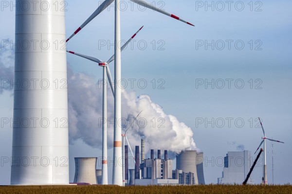 The RWE brown coal power plant in Neurath, wind farm, Rhenish lignite mining district of North