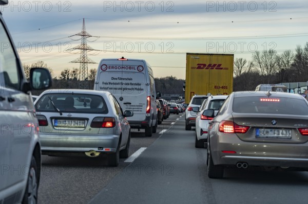 Driving on the A3 motorway, at the Breitscheid motorway junction, 3 lanes, over 7 km traffic jam
