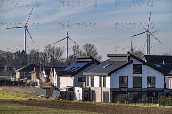 Houses in the town of Jackerath, belong to Titz im Kreis Düren, wind farm, North Rhine-Westphalia,
