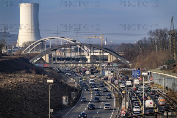 Traffic jam on the A43 motorway near Herne, heading north, in front of the barrier system, the