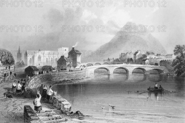 Ballina in the Moy Valley, County Mayo, Ireland, small town idyll, two arched bridges, seawall,