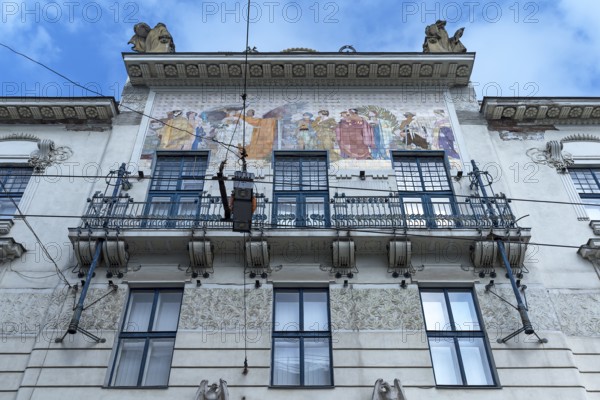 Art Nouveau house façade with coloured frescoes, residential building around 1900, Czernowicz,
