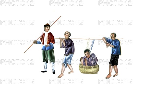 Jurisprudence, torture and punishment in medieval China, two guards carry a criminal who is tied in