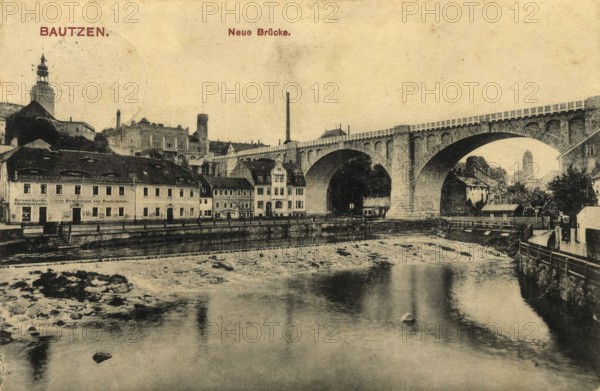 Historical postcard around 1900, Bautzen, Neue Brücke, Saxony, Germany, digital reproduction of a