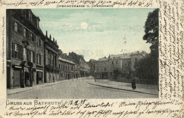 Historical postcard around 1899, Bayreuth, Opernstraße and Opera House, Upper Franconia, Bavaria,