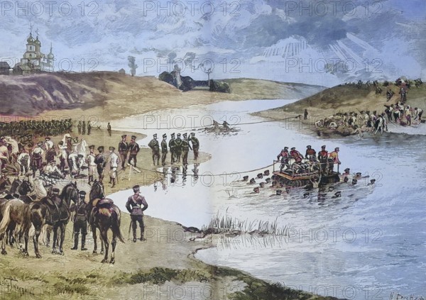 Historical illustration of the Russian maneuver 1882, crossing of the Moskva River near