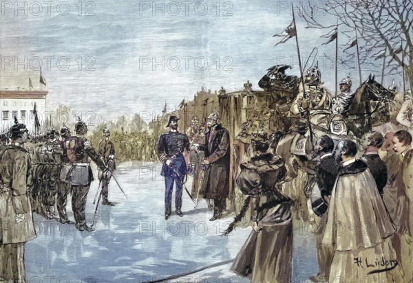 Historical illustration of Bismarck's visit to Berlin, Germany. Here is his arrival in the pleasure