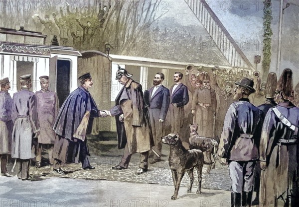 Kaiser Wilhelm II's visit to Friedrichsruh, Germany. Handshake between the Kaiser and Bismarck.
