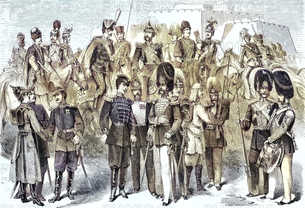 Uniforms of the russian soldiers in the year 1880, russische Dragoner und Husaren, Infanterie,
