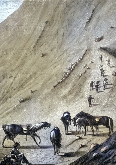 Historical illustration of the last horse station on Mount Vesuvius, Naples, Italy/Historical