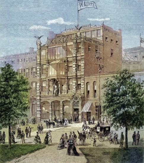 Historical illustration of the new building of Wilhelm Kurtz photography in New York, USA, 1880,