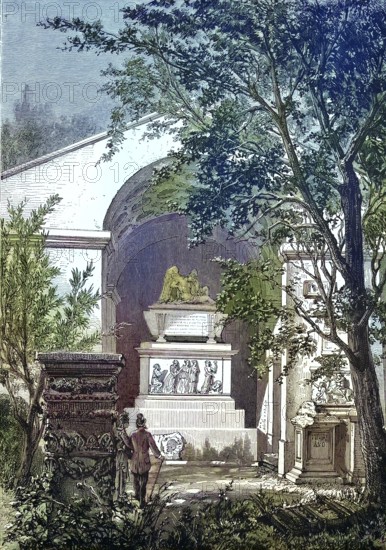 Historical illustration of Joachim Winckelmann's tomb, Trieste, Italy. Johann Joachim Winckelmann,