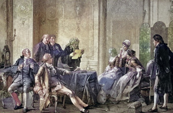 Historical illustration of an opening of a will by a notary 1880/Historical illustration showing a