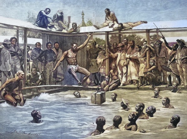 Historical illustration of a game in the water, made by natives, Kimberley, South Africa/Historical