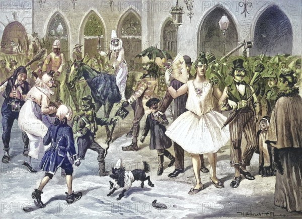 Historical illustration of the street carnival in Munich, Bavaria, Germany/Historical illustration