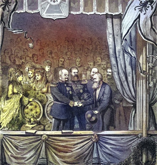 Historical illustration of the emperor shaking hands with an artist, 1870/Historical illustration