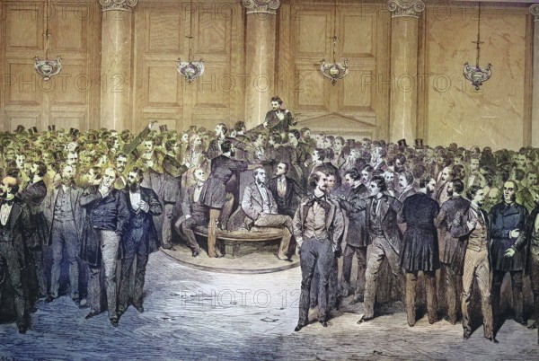 Historical illustration of the lunch break at the stock market in Berlin, Germany, bankers, stock