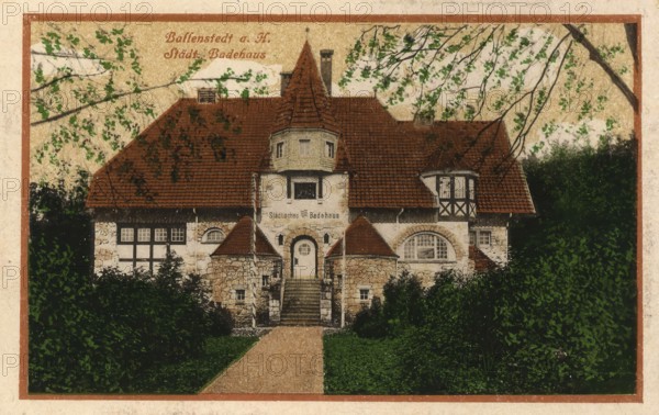 Historical postcard around 1900, Ballenstedt im Harz, bathhouse, Harz district in Saxony-Anhalt,