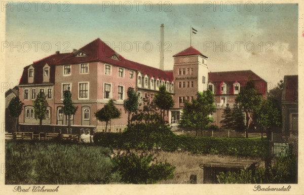 Historical postcard around 1910, Bad Wilsnack, bathing establishment, country town and a historic