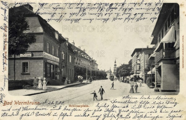 Historical postcard around 1910, Bad Warmbrunn in the Krkonoše Mountains, Castle Square, today