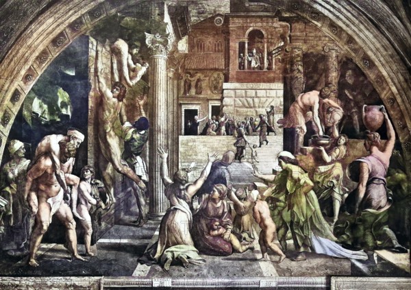 Historical photo (ca 1880) of The Fire in the Borgo, 1514, Stanza dell'incendio del Borgo, painted