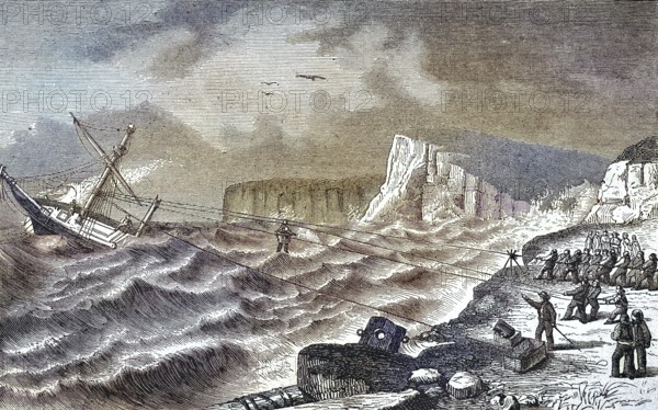 Historical illustration of the rescue of castaways, Germany/Historical illustration showing the