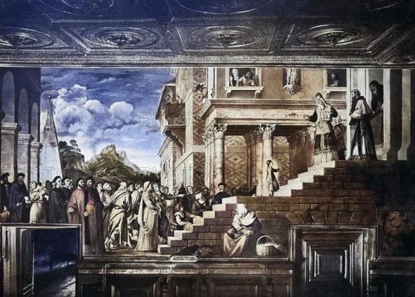 Historisches Foto (ca 1880) des Besuchs von Maria, Maria Magdalena, im Tempel, Gemälde von Tizian,