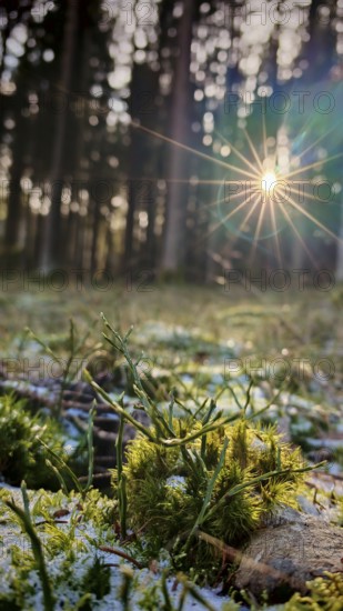 Rays of sunlight illuminate moss-covered (musco) plants in a dense forest, Franconian Forest nature