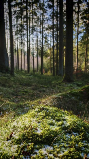 Illuminated, moss-covered (musco) forest floor with light-flooded trees in the background,
