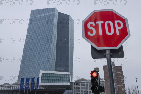 A STOP sign and a red traffic light in front of the European Central Bank (ECB) in Frankfurt am