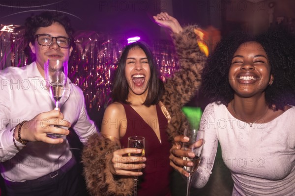 Happy diverse friends clinking champagne in a vibrant nightclub, dancing under dynamic lights and