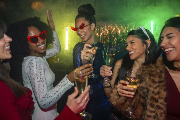 Diverse group of smiling young women toasting with champagne in a vibrant nightclub, celebrating a