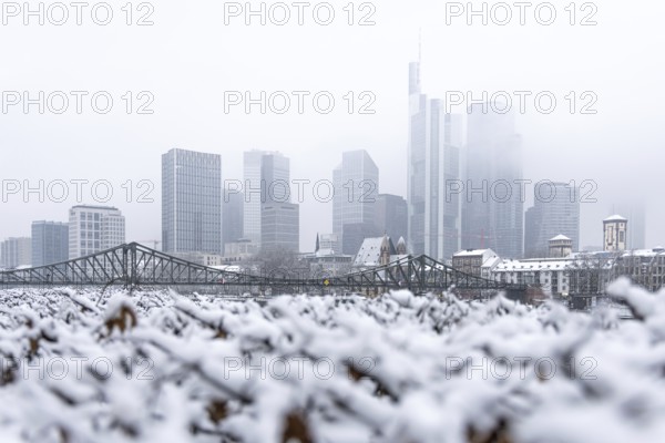 Clouds envelop Frankfurt's banking skyline. Heavy snowfalls have caused another onset of winter in