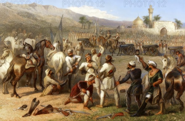 The disarming of cavalry of soldiers by the British units at Berhampur, Berhampore, Indian Mutiny,