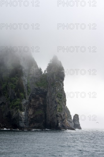 Mystical fog sweeps around rocky islands on the coast, Kenai Fjords National Park, Kenai Peninsula,