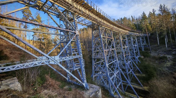 Side view of an extended metal bridge, old railroad bridge leading through a forest,