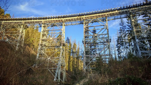 Towering metal bridge old railway bridge over a forest, illuminated by the sun, Ziemestalbrücke,