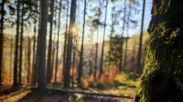 Sunlight breaks through thick trees in the forest and illuminates moss on a tree trunk, Franconian