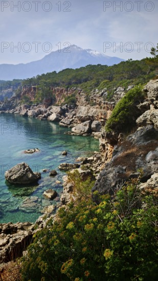 Coast with rocky cliffs and turquoise water under a clear sky with snow-covered Tahtali Dagi in the