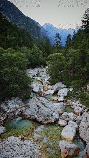 A clear mountain river surrounded by rocks and trees with mountains in the background, Soca Valley,