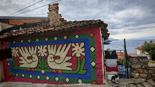 Colourfully painted house façade with dove motifs, laundry hanging to dry with cat in the