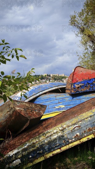 Weathered, colorful boats lie under a cloudy sky surrounded by trees and shrubs, Lake Ohrid, North