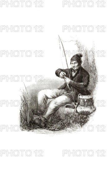 Types from Holland around 1841, De Leidse peueraar, eel fisherman, angler, Netherlands, authentic,