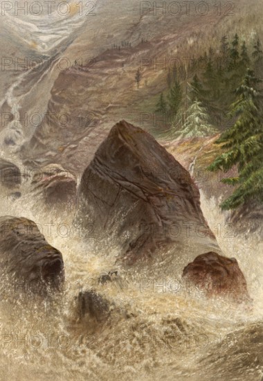 Torrent in Val Tournanche, a side valley of the Aosta Valley in Italy, around 1870, Italy,