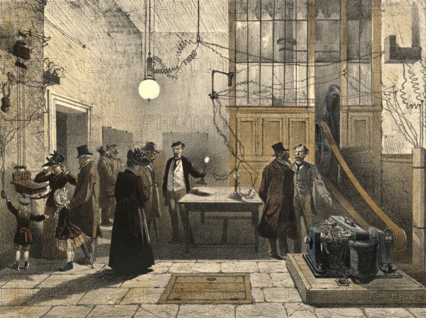 Industry around 1880, demonstration of the use of electricity, authentic, digitally restored
