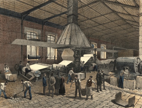 Industrial plant around 1890, paper mill, production of paper, authentic, digitally restored