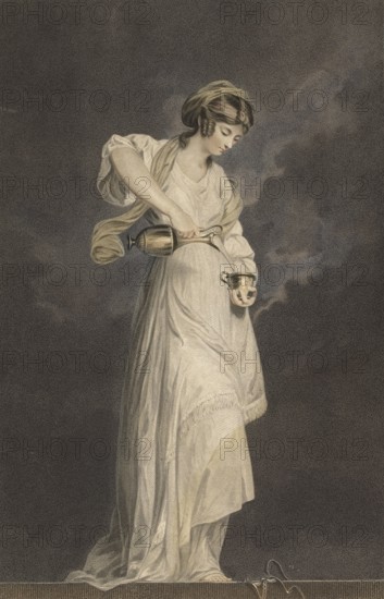 The virtues: temperance, standing female figure in antiquing clothing, depiction of the virtue of
