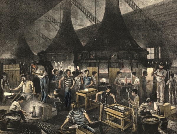Industrial plant around 1890, glass blower, glass factory, authentic, digitally restored