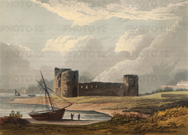 Flint castle around 1840, castle ruins in Flintshire in Wales, authentic, digitally restored