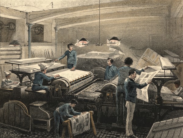 Industrial plant around 1890, press typography, production of printed products, authentic,